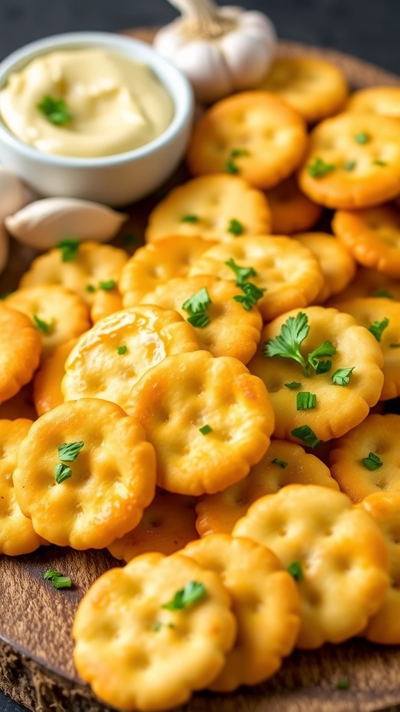 Golden garlic butter Ritz crackers on a wooden platter, garnished with parsley and accompanied by a garlic butter dip.